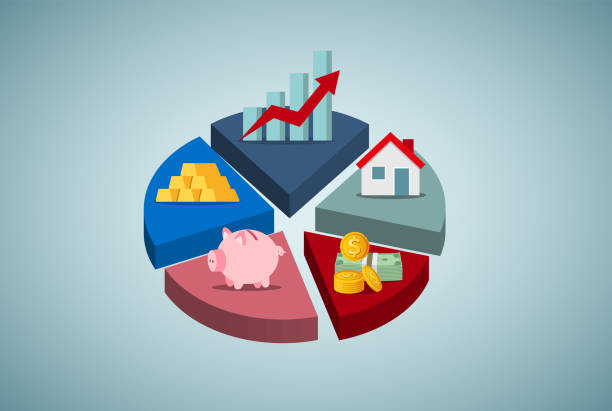 An infographic illustrating a pie chart divided into segments representing various investment categories, including gold bars, a piggy bank, a house, and coins, along with a line graph showing growth.